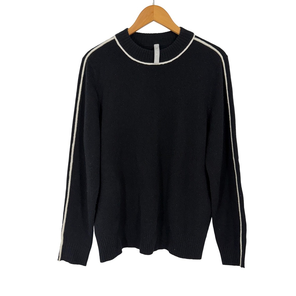 Athleta Black Merino Wool Blend Racing Stripe Crew Neck Sweater Large